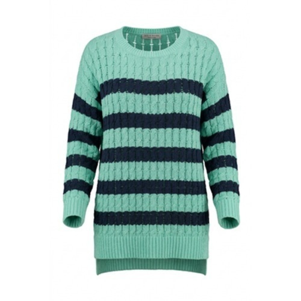 Pilcro Sweater Women M Green Navy Stripe Cable Knit Pullover Cozy Fall Relaxed